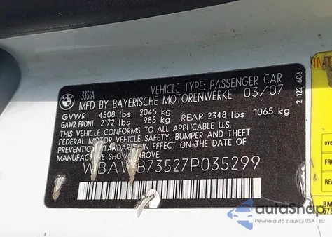 2007 BMW 335I из США, поврежденный, VIN WBAWB73527P035299